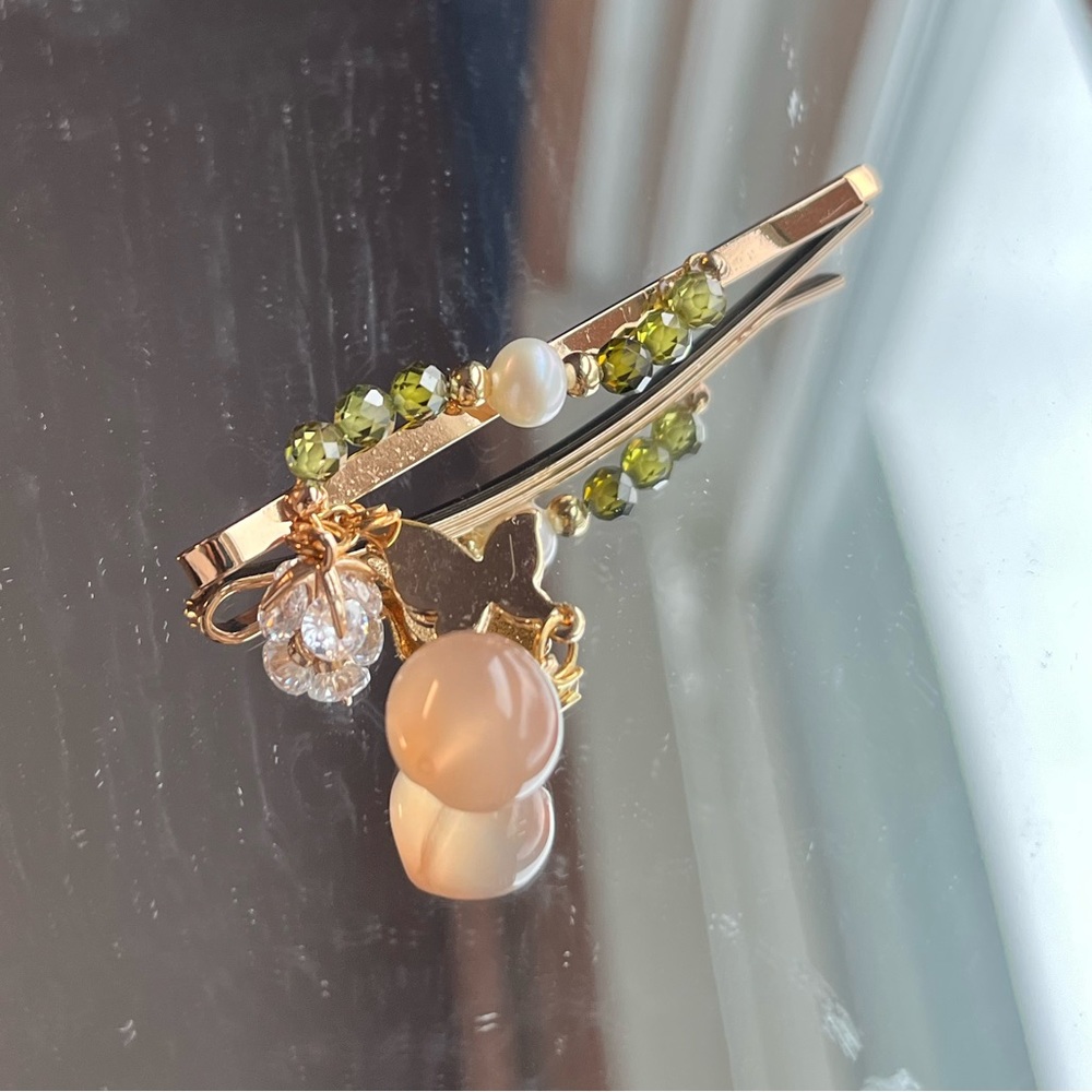 Chinese style Peach South-Red Agate + Green Stones + Natural Pearl Hair Pin
